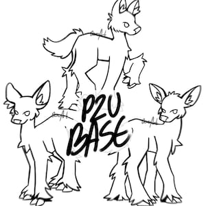 Può includere: Disegno a linea di tre pose base di animali canini. Le pose sono in posizione eretta. Il testo "PRU BASE" è al centro dell'immagine.