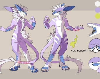 May include: Illustration of a purple and white anthropomorphic creature with blue accents. The creature has a long tail and is shown in two poses. Additional drawings include a mouth, a face, and a color palette. The text "ACID COLOUR" is also present.