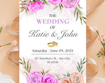 May include: A wedding invitation with a floral design. The text reads "The Wedding of Katie & John" with the date "June 05, 2025". The invitation is decorated with pink and peach roses and green leaves.