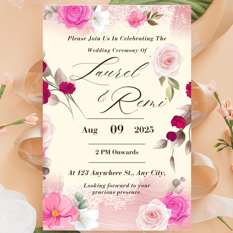 Gracious Invitations Aesthetic Wildflower Wedding Card, Colorful Personalized Greeting ...