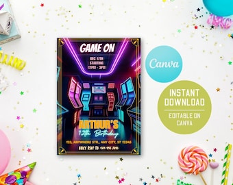 Invitation d'anniversaire rétro arcade | Thème de jeu personnalisable (Téléchargement numérique)
