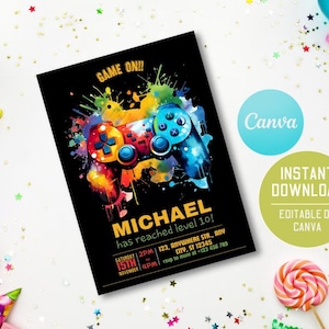 Invito per festa di videogiochi modificabile / Invito di compleanno per giocatori / Invito a tema per videogiochi arcade e console / Biglietto d'invito scaricabile