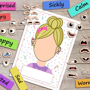 emotions activity for kids, printable toddler feeling chart, preschool, homeschool, pre-k learning, matching game, busy book page image 6