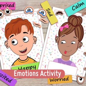 emotions activity for kids, printable toddler feeling chart, preschool, homeschool, pre-k learning, matching game, busy book page image 1