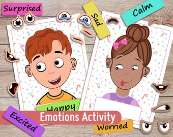 emotions activity for kids, printable toddler feeling chart, preschool, homeschool, pre-k learning, matching game, busy book page