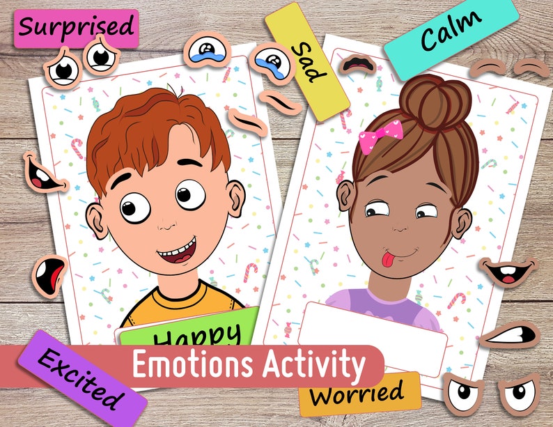 emoties activiteit voor kinderen, afdrukbare peutergevoelsgrafiek, kleuterschool, thuisschool, pre-k leren, matching game, drukke boekenpagina afbeelding 1