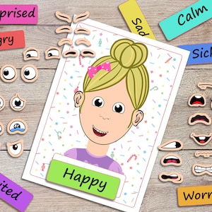 emotions activity for kids, printable toddler feeling chart, preschool, homeschool, pre-k learning, matching game, busy book page image 4