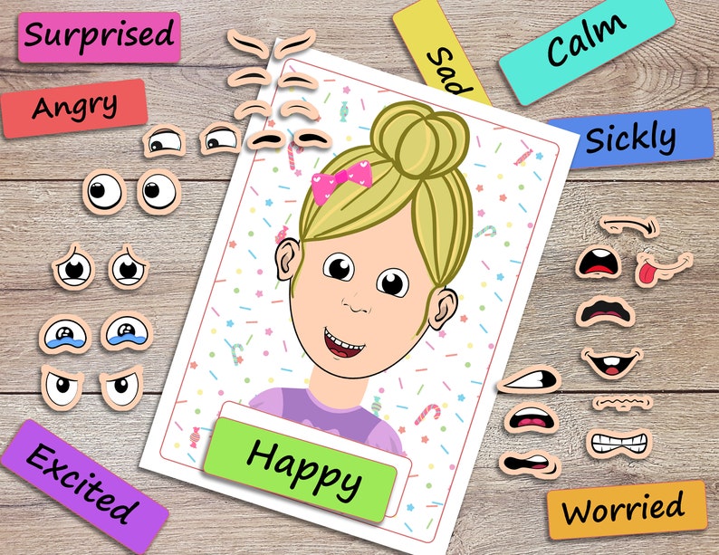 emotions activity for kids, printable toddler feeling chart, preschool, homeschool, pre-k learning, matching game, busy book page image 4