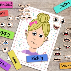 emotions activity for kids, printable toddler feeling chart, preschool, homeschool, pre-k learning, matching game, busy book page image 5