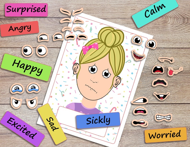 emotions activity for kids, printable toddler feeling chart, preschool, homeschool, pre-k learning, matching game, busy book page image 5