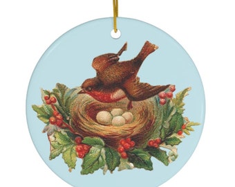 Christmas Ceramic Ornament Round Robin Bird in Nest with Beautiful Blue Holidays