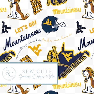 May include: A white seamless pattern featuring West Virginia University Mountaineers logos, text, and mascot illustrations in navy blue and gold. Includes a football helmet, dog mascot, and the text "Mountaineers". The text "Sew Cute Seamless Designs & More" is also present.