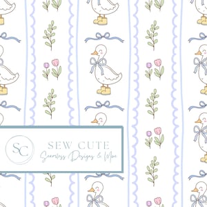 May include: A seamless pattern featuring white ducks with blue bows and yellow boots, alternating with pink tulips and green sprigs on a white background. Light blue wavy stripes and blue ribbons complete the design. The text "SEW CUTE Seamless Designs & More" is in a rectangular box.