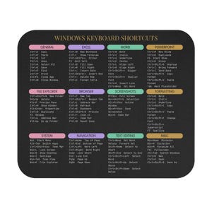 May include: A black mousepad displays Windows keyboard shortcuts, categorized by function: General, Excel, Word, PowerPoint, File Explorer, Browser, Screenshots, Formatting, System, Navigation, Text Editing, and Misc.