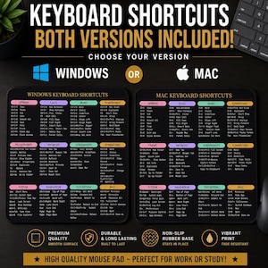 Könnte beinhalten: Schwarzes Mauspad mit Windows- und Mac-Tastenkombinationen. Enthält Verknüpfungen für Excel, Word, PowerPoint und mehr. Verfügt über eine rutschfeste Gummiunterlage und einen leuchtenden Druck. Der Text lautet "KEYBOARD SHORTCUTS BOTH VERSIONS INCLUDED!"