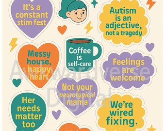 Foglio di adesivi stampabili per mamme autistiche: amore per se stessi, citazioni sensoriali, affermazioni sulla salute mentale per mamme neurodivergenti