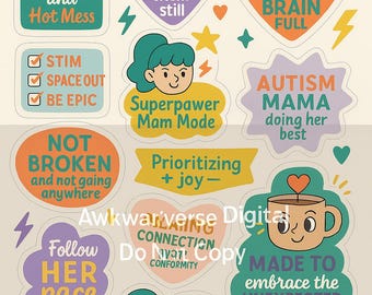 Foglio di adesivi stampabili sulla vita di una mamma neurodivergente - Citazioni di mamme autistiche, amore per se stessi, sicurezza sensoriale, affermazioni genitoriali per ADHD
