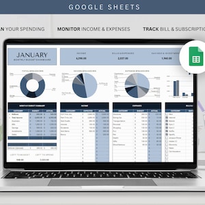 Puede incluir: Un ordenador portátil que muestra una hoja de cálculo de Google Sheets con un panel de control de presupuesto mensual. La pantalla muestra gráficos y tablas de ingresos, gastos y ahorros. El texto en la parte superior dice "Planifica tus gastos", "Controla tus ingresos y gastos" y "Realiza un seguimiento de facturas y suscripciones".