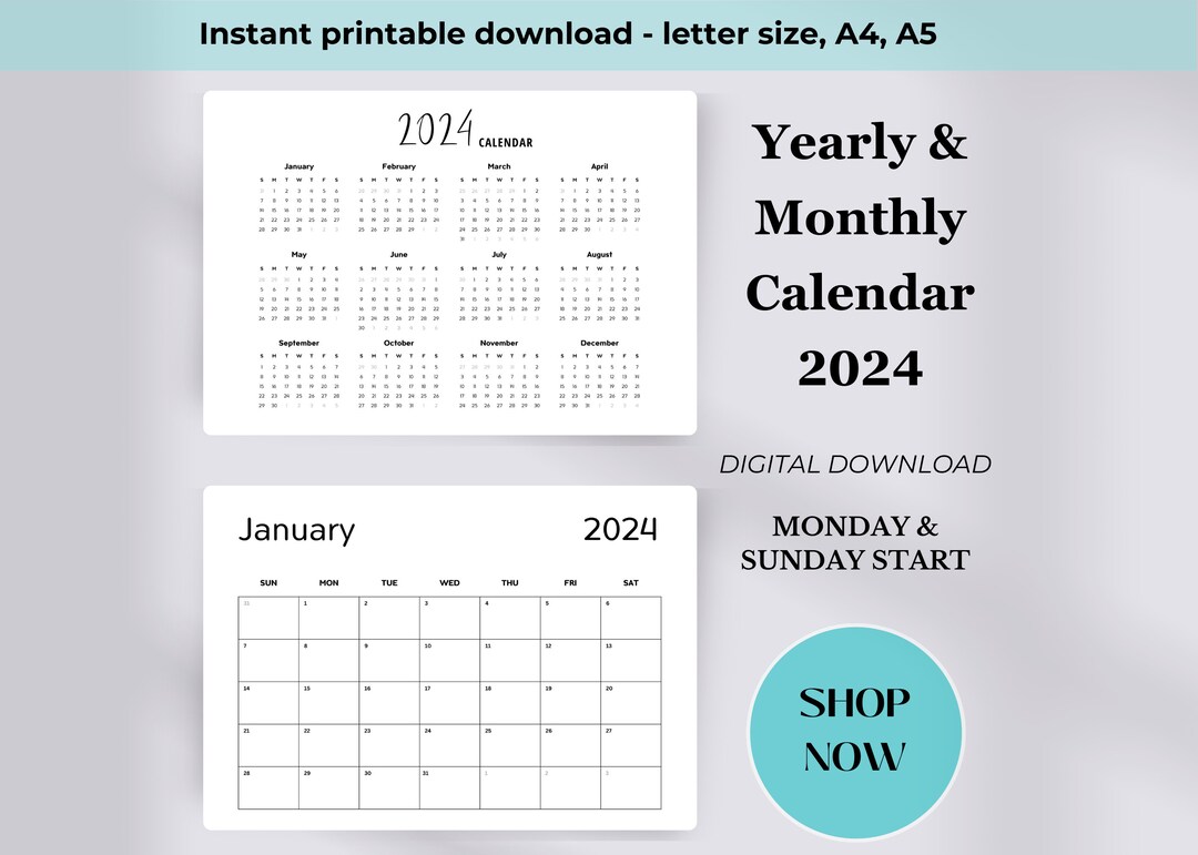 2024 Yearly Monthly Calendar | Productivity | Calendars and Planner ...