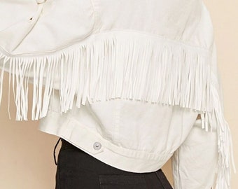 Fringe Detail Collared Neck Long Sleeve Denim Jacket