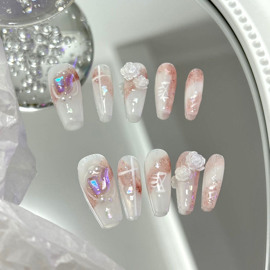 Y2K Pearlescent Camellia, Press on Nails, Glue on Nails, Fake Nails ...