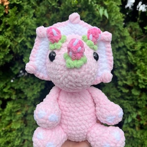 Crochet Strawberry Triceratops Plushie Handmade Stuffed Animal Amigurumi Plush Customizable (MADE TO ORDER)