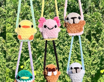 Crochet Mini Animals On Swing Chick/Axolotl/Sea Otter/Mallard/Walrus/Seal Plushie Handmade Stuffed Amigurumi (MADE TO ORDER)