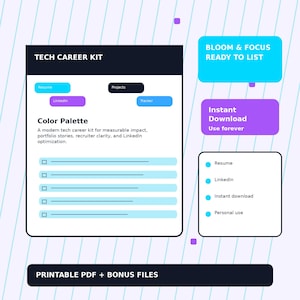 Tech Resume Template Kit, LinkedIn Optimization, Software Developer Resume, Project Impact Worksheet, ATS PDF