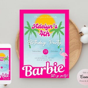 Hot Pink Doll Birthday Invitation Template, Editable Malibu Barbie Party invite, Come On Let's Go Party, Instant Download