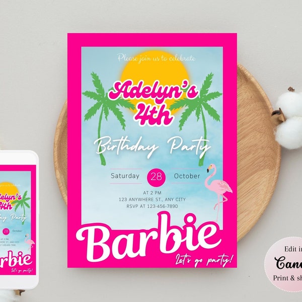 Hot Pink Doll Birthday Invitation Template, Editable Malibu Barbie Party invite, Come On Let's Go Party, Instant Download