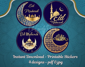 Autocollants imprimables Eid Mubarak en bleu et or, étiquettes cadeaux numériques pour l’Aïd Al Fitr, étiquettes rondes pour cadeaux pour enfants, Ramadan Kareem, 4 modèles