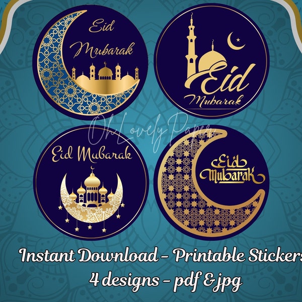 Printable Eid Mubarak Stickers in Blue & Gold, Digital Gift Labels for Eid Al Fitr, Round Tags for Kids Presents, Ramadan Kareem, 4 Designs