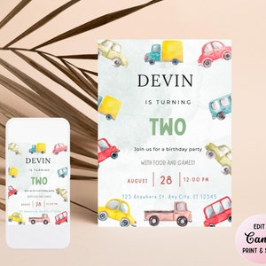 Colorful Race Cars Birthday Invitation, Personalized Boys Vehicle Birthday Template, Instant Download, Printable Transportation Birthday