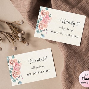 Editable Will You Be My Bridesmaid Card Template, Printable Maid of Honor Proposal Card, Boho Floral Pampas, Instant Download, Canva