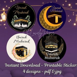 Pegatinas imprimibles de Umrah Mubarak en 4 diseños, etiquetas de regalo digitales para Hajj, etiquetas redondas de Omrah, toppers de cupcakes, Islam musulmán