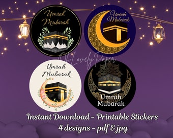 Pegatinas imprimibles de Umrah Mubarak en 4 diseños, etiquetas de regalo digitales para Hajj, etiquetas redondas de Omrah, toppers de cupcakes, Islam musulmán