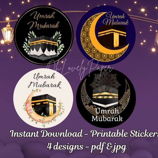 Printable Umrah Mubarak Stickers in 4 designs, Digital Gift Labels for Hajj, Round Omrah Tags, Cupcake toppers, Muslim Islam