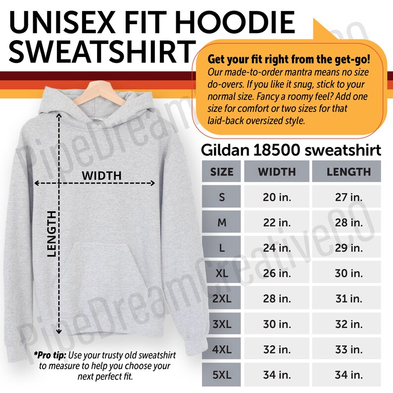 May include: A gray unisex hoodie sweatshirt with a size chart showing width and length measurements in inches for sizes S through 5XL. The chart is labeled "Gildan 18500 sweatshirt".