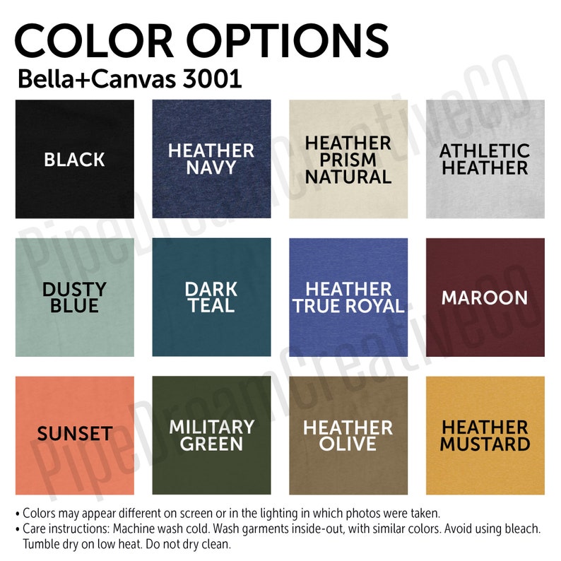 May include: Color options for Bella+Canvas 3001 apparel are displayed in a grid. Colors include black, heather navy, heather prism natural, athletic heather, dusty blue, dark teal, heather true royal, maroon, sunset, military green, heather olive, and heather mustard.