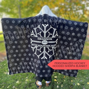 Personalized Hockey Hooded Sherpa Fleece Blanket for Hockey Player Custom Blanket for Sports Fan Gift for Mom for Dad Hockey Lover Team Gift