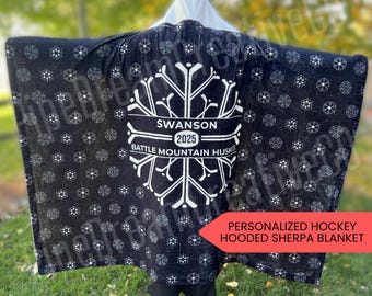 Personalized Hockey Hooded Sherpa Blanket: Hockey Stick Snowflake Design