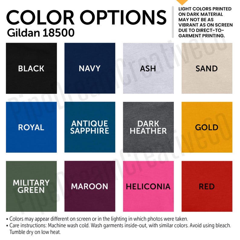 May include: Color options for Gildan 18500 t-shirts.  The color swatches include black, navy, ash, sand, royal, antique sapphire, dark heather, gold, military green, maroon, heliconia, and red.