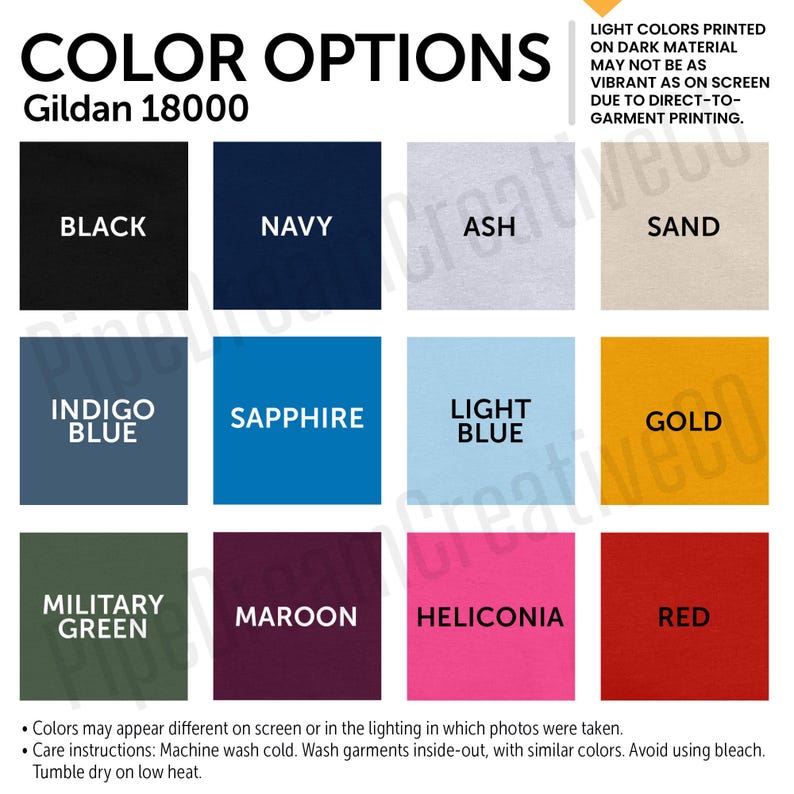 May include: Color options chart for Gildan 18000 t-shirts.  The chart shows 12 different color options, including black, navy, ash, sand, indigo blue, sapphire, light blue, gold, military green, maroon, heliconia, and red.