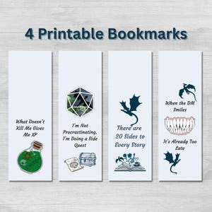 Könnte beinhalten: Vier druckbare Lesezeichen mit Fantasy-Motiven. Jedes Lesezeichen hat ein anderes Design und Zitat, darunter eine Flasche mit Trank, ein Würfel, ein Drache und Zähne. Der Text "4 Printable Bookmarks" steht oben.