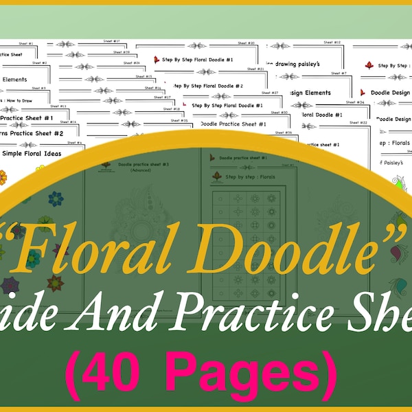 Floral Doodle Practice Sheets (40 Pages), Learn to draw Floral Doodle, Floral Templates, Tracing and Coloring, Digital, Printable Worksheets