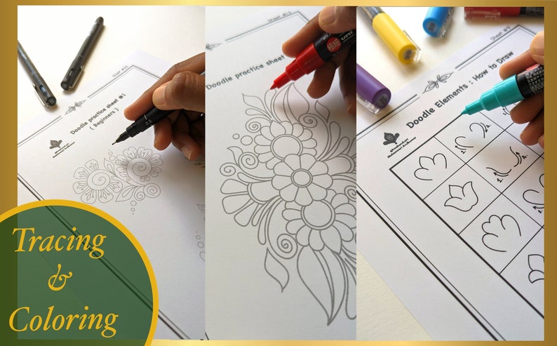 Floral Doodle Practice Sheets 40 Pages, Learn to draw Floral Doodle, Floral Templates, Tracing and Coloring, Digital, Printable Worksheets zdjęcie 9