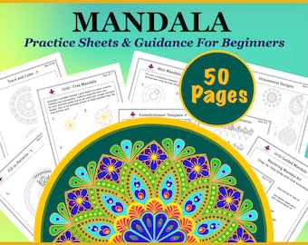 Guía de mandala, hojas de práctica y coloración (50 páginas), aprenda a dibujar arte de mandala, calco, hojas de trabajo digitales e imprimibles