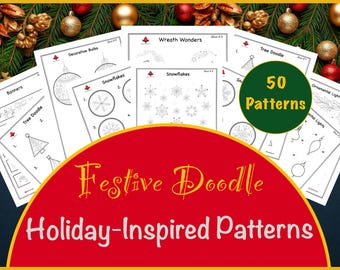May include: A set of 50 printable holiday-themed doodle patterns. The patterns include wreaths, snowflakes, ornaments, banners, and trees. The title "Festive Doodle Holiday-Inspired Patterns" is printed on a red background.