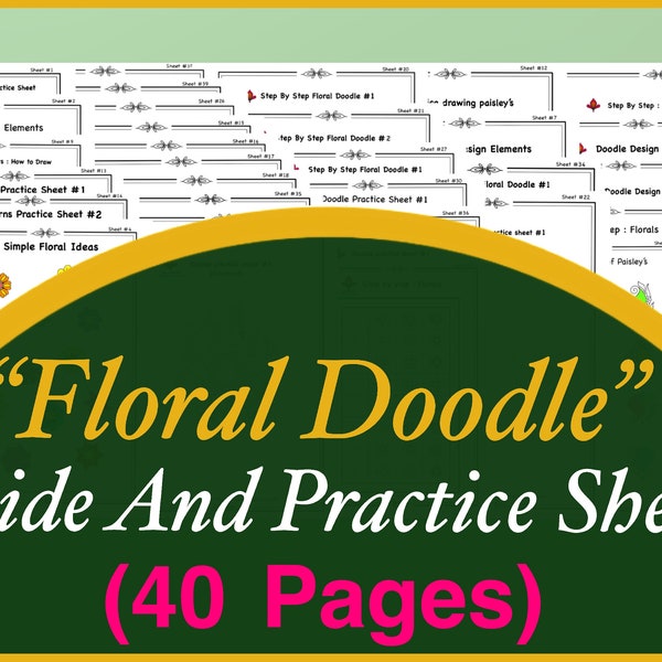 Floral Doodle Practice Sheets (40 Pages), Learn to draw Floral Doodle, Floral Templates, Tracing and Coloring, Digital, Printable Worksheets