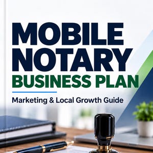 May include: A document titled Mobile Notary Business Plan Marketing & Local Growth Guide featuring a black and gold notary stamp and a black pen on a white paper. The bottom section displays icons for Google Business Profile, Local SEO, Website Strategy, Referrals, and a 90-Day Growth Plan.